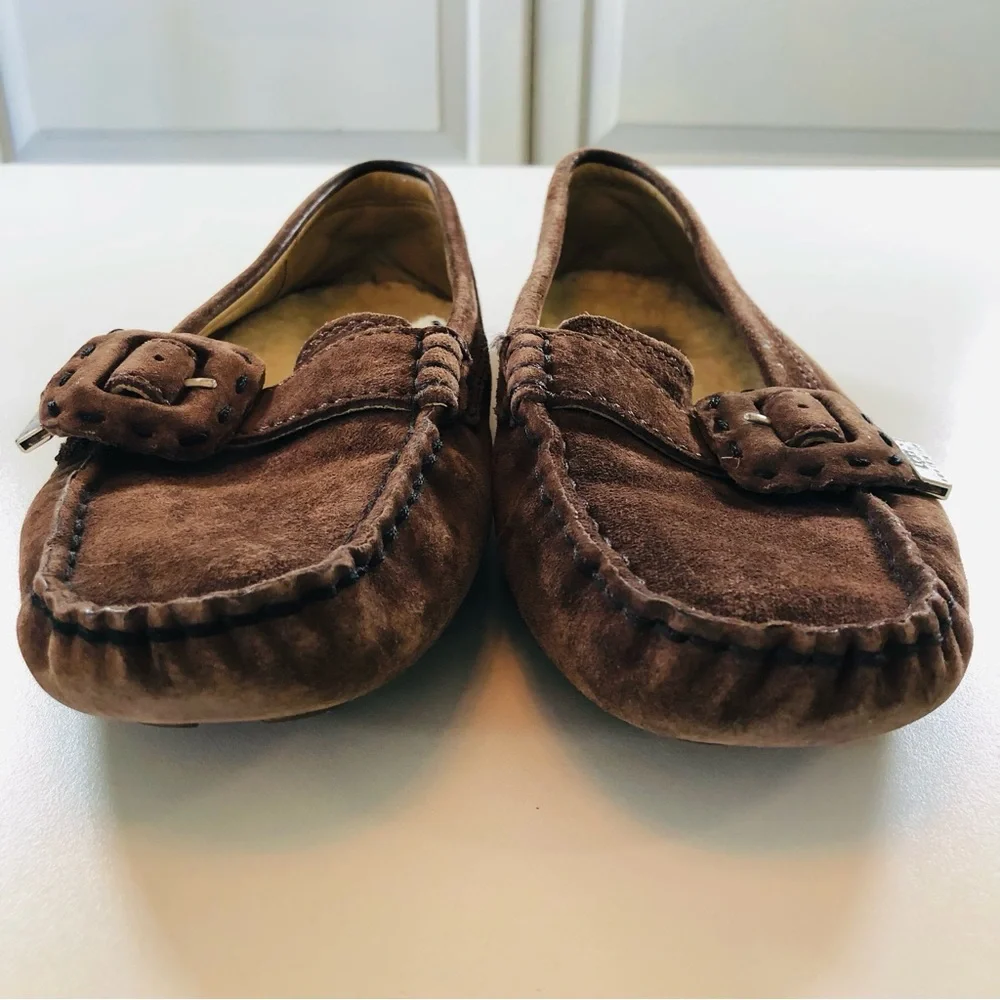 UGG Thelma Brown Suede Shearling Lined Driving Loafers Size 6 EU 37